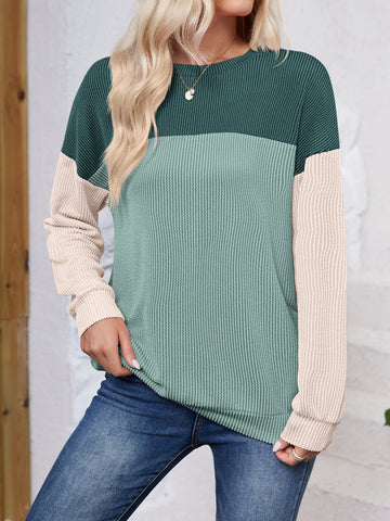 Block Round Neck Long Sleeve Sweatshirt