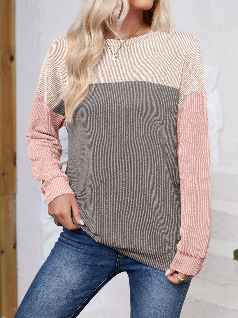 Block Round Neck Long Sleeve Sweatshirt