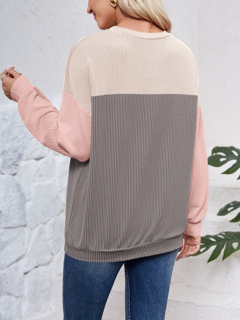 Block Round Neck Long Sleeve Sweatshirt