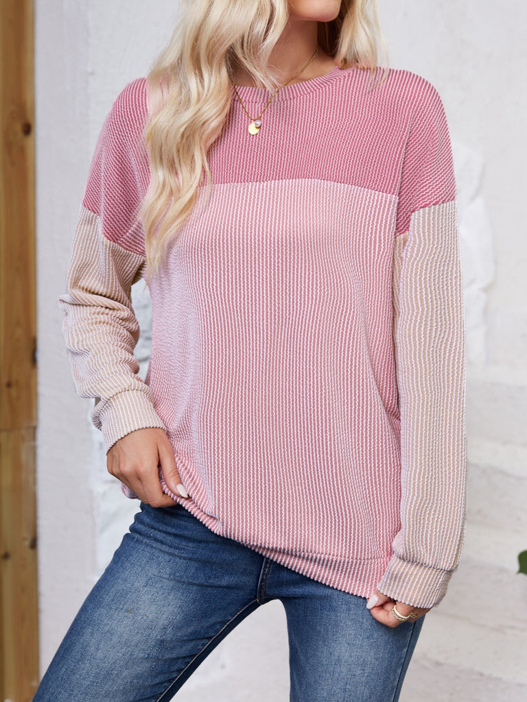 Block Round Neck Long Sleeve Sweatshirt