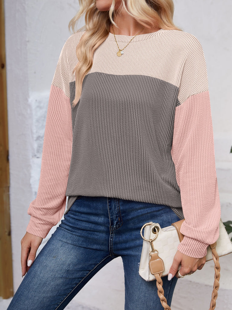 Block Round Neck Long Sleeve Sweatshirt